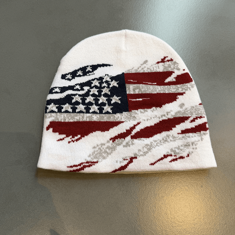 Distressed American Flag Knit Beanie White