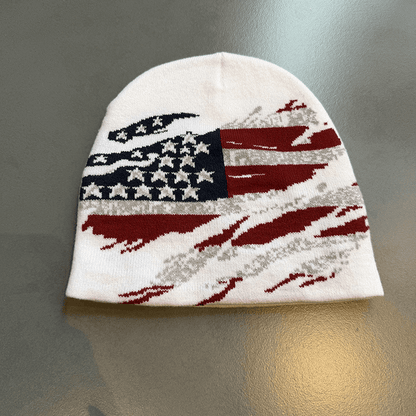 Distressed American Flag Knit Beanie White