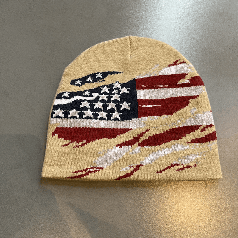 Distressed American Flag Knit Beanie Beige