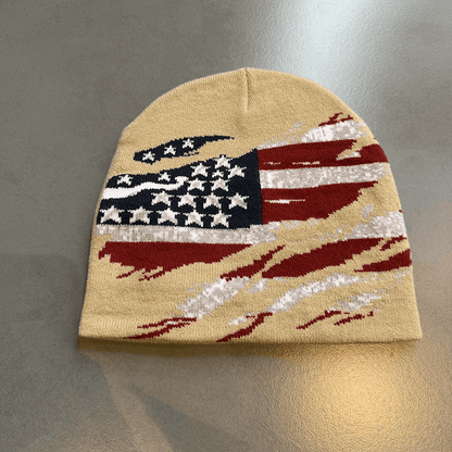 Distressed American Flag Knit Beanie Beige