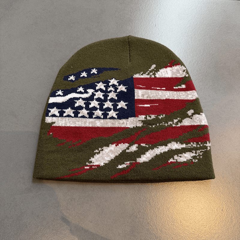 Distressed American Flag Knit Beanie Olive