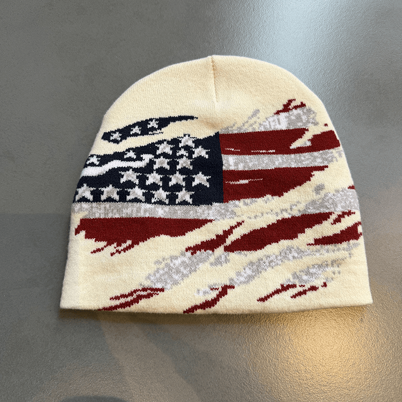 Distressed American Flag Knit Beanie Cream