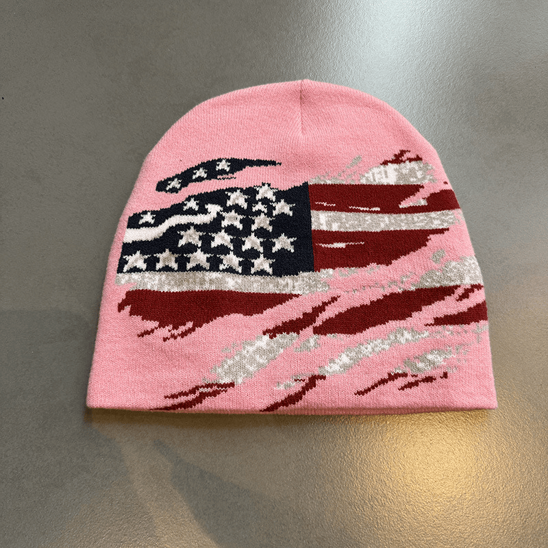 Distressed American Flag Knit Beanie Pink