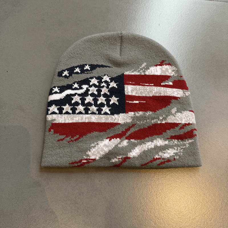 Distressed American Flag Knit Beanie Gray