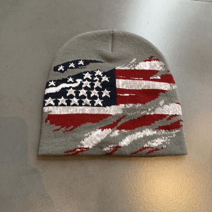 Distressed American Flag Knit Beanie Gray