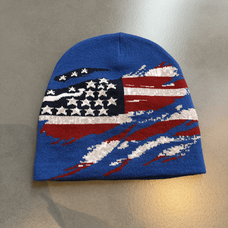 Distressed American Flag Knit Beanie Royal Blue
