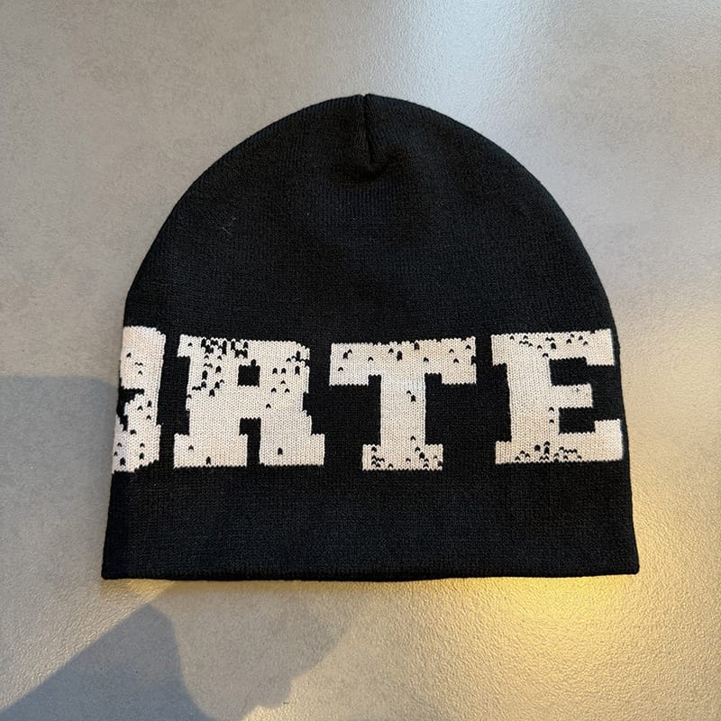 Distressed Lettering Knit Beanie