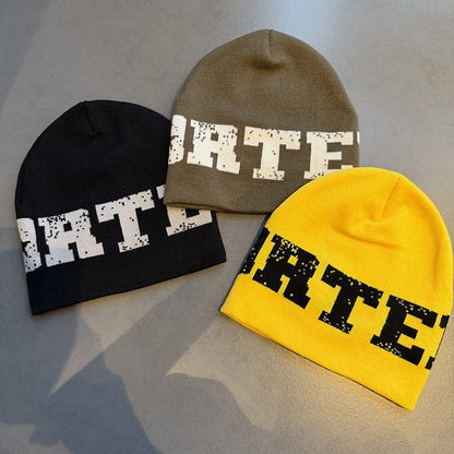Distressed Lettering Knit Beanie