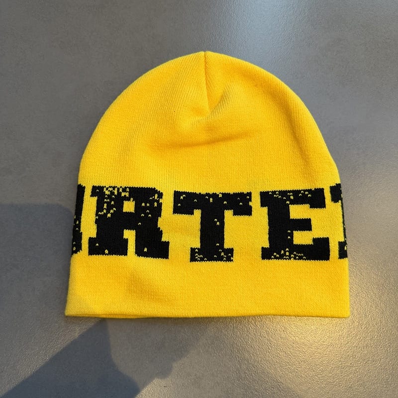 Distressed Lettering Knit Beanie Yellow