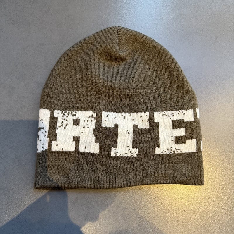 Distressed Lettering Knit Beanie Olive