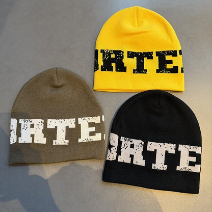 Distressed Lettering Knit Beanie