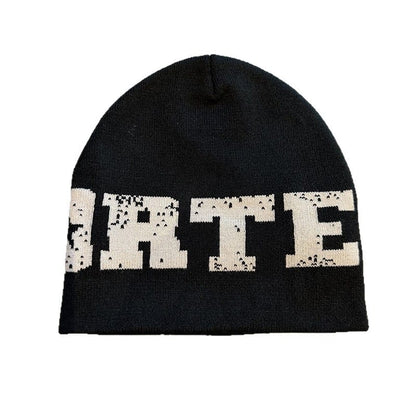 Distressed Lettering Knit Beanie Black