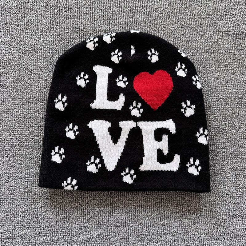 Paw Print Love Knit Beanie Black