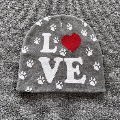 Paw Print Love Knit Beanie Gray
