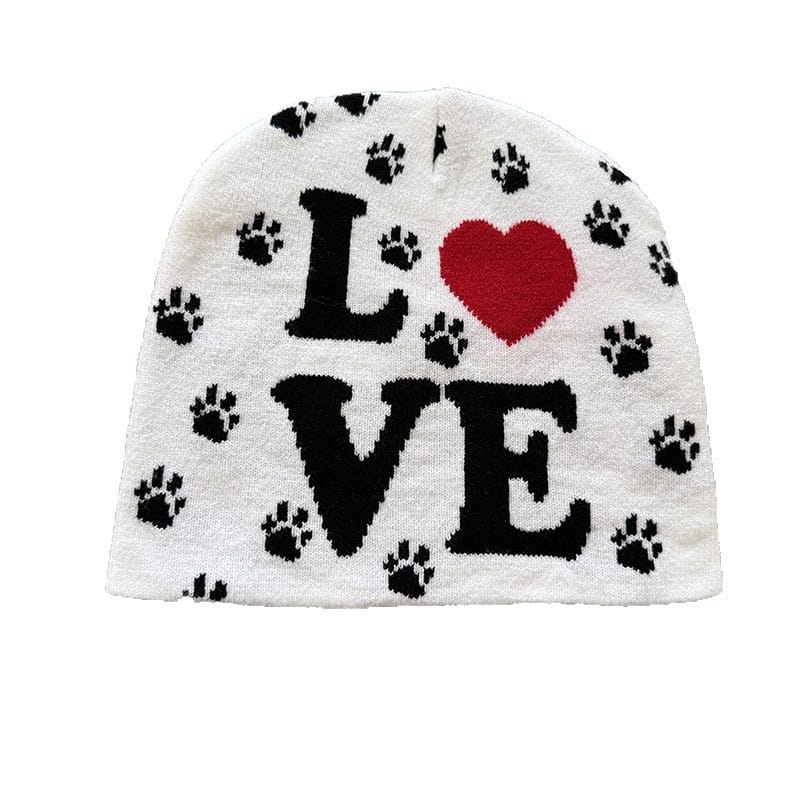 Paw Print Love Knit Beanie White