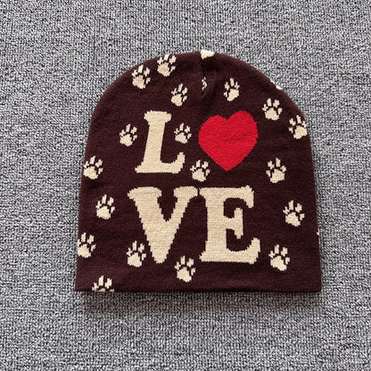 Paw Print Love Knit Beanie Brown