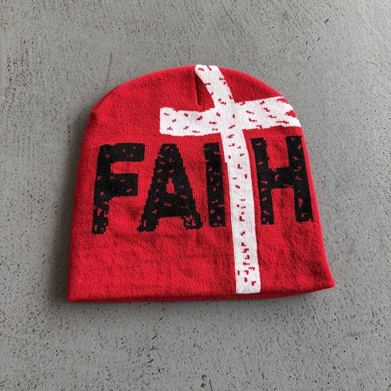 Faith Cross Knit Beanie Red