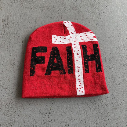 Faith Cross Knit Beanie Red