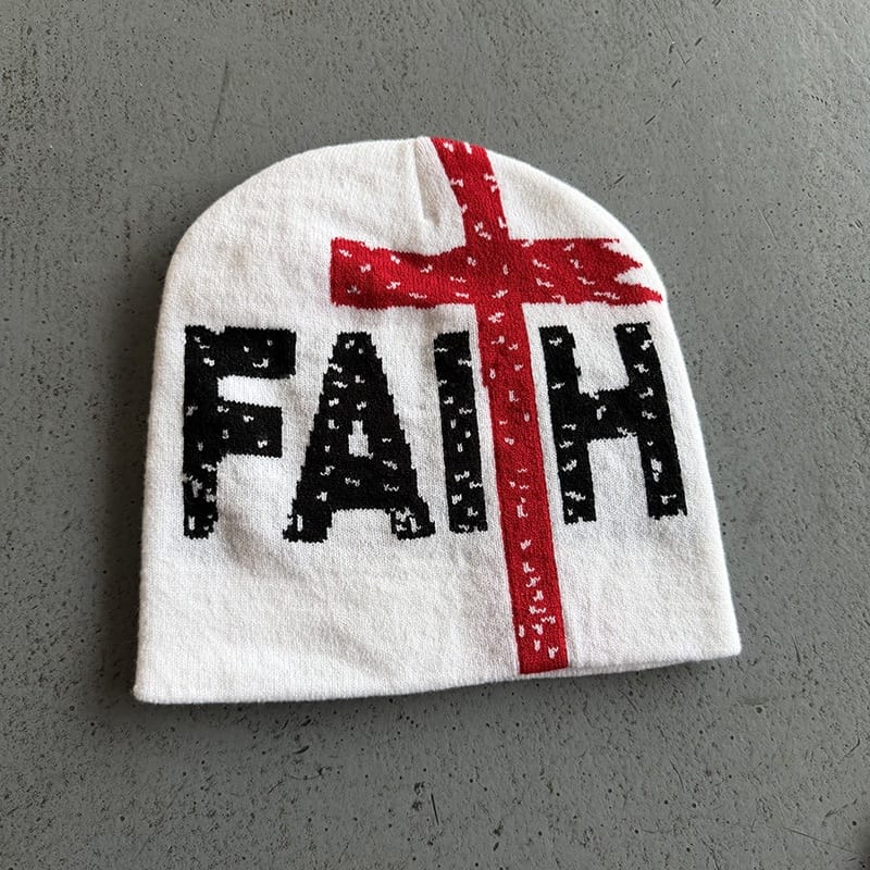 Faith Cross Knit Beanie White
