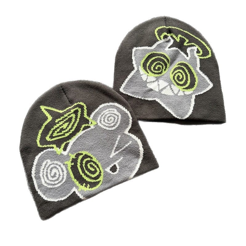 Spiral Eyes Cartoon Knit Beanie Charcoal