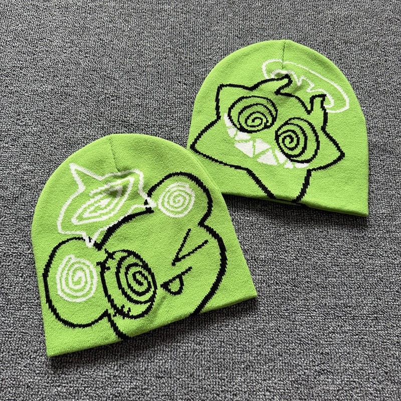 Spiral Eyes Cartoon Knit Beanie Lime Green