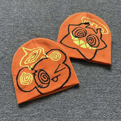 Spiral Eyes Cartoon Knit Beanie Orange