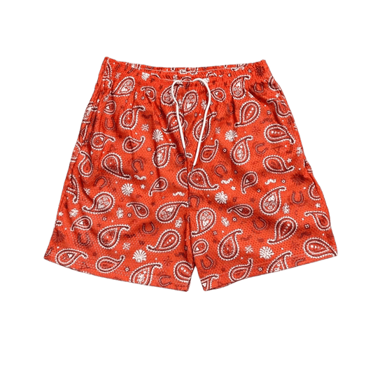ORANGE PAISLEY MESH SHORTS-8797